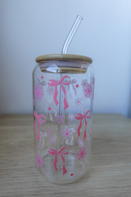 Glass Tumbler - Snowflakes, Ribbons, Hearts (Pink theme)