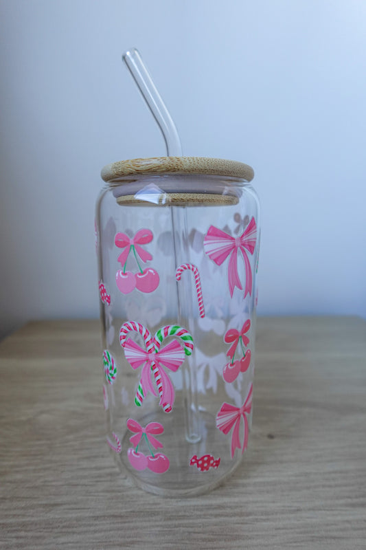 Glass Tumbler - Candy Canes, Cherries with Bows, Candy (Pink theme)