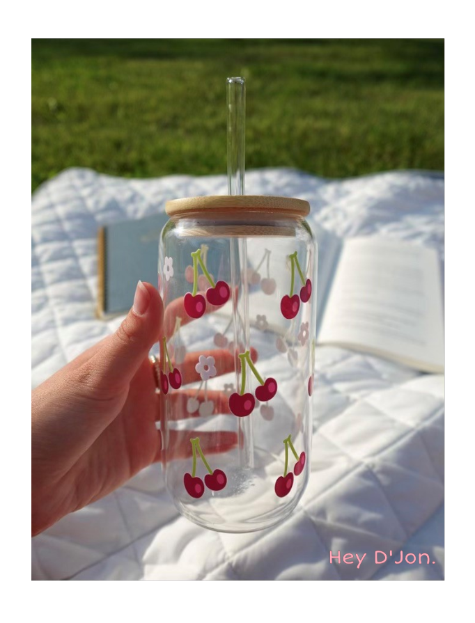 Glass Tumbler - Cherries & Flowers