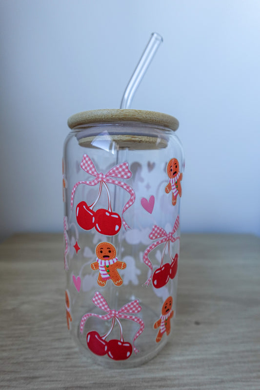 Glass Tumbler - Christmas Gingerbread, Cherries, Ribbons, Hearts