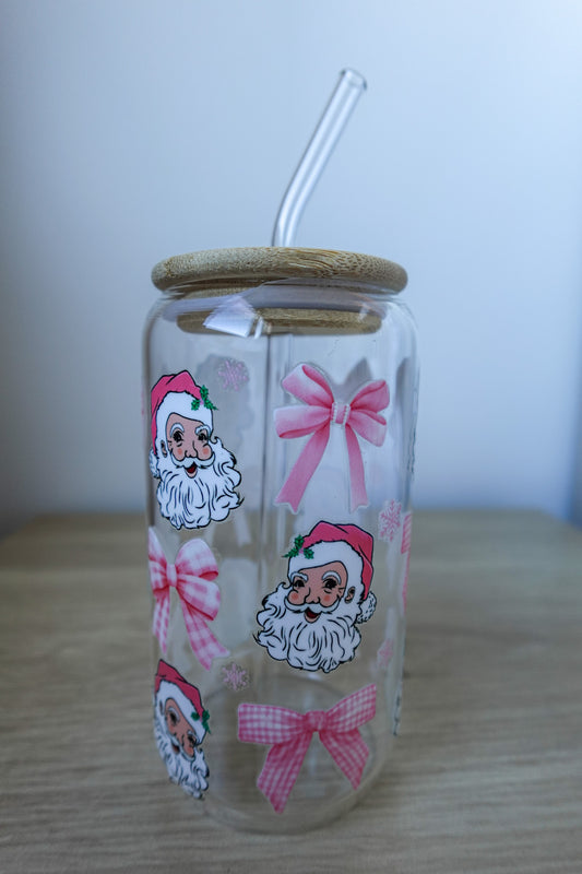 Glass Tumbler - Santa & Bows (Pink theme)