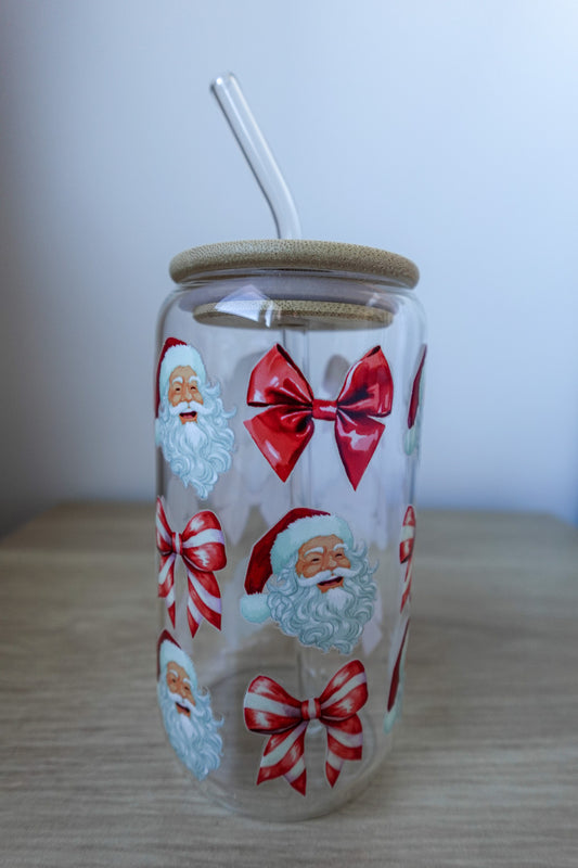 Glass Tumbler - Santa & Bows (Red/White theme)