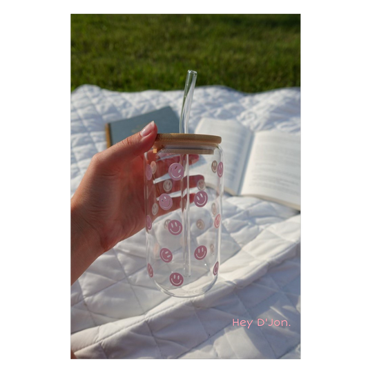 Glass Tumbler - Light Pink Smiley Faces